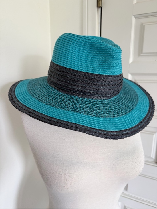 Halogen Tweed Straw Panama Hat Colorblock Teal Black Wide-Brim Sun Protection main image 6